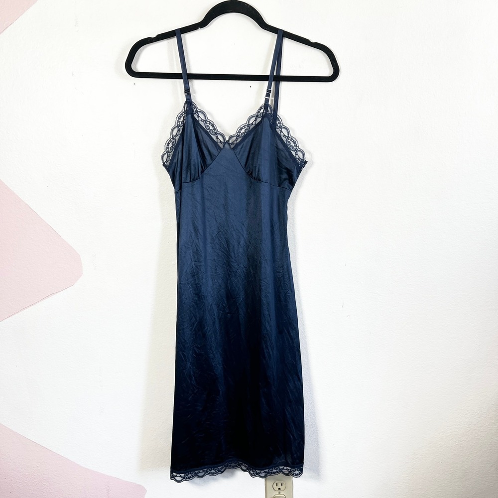 Vintage Nylon Slip Dress Size 34 Navy Blue Lace Accent 90s Dark Coquette